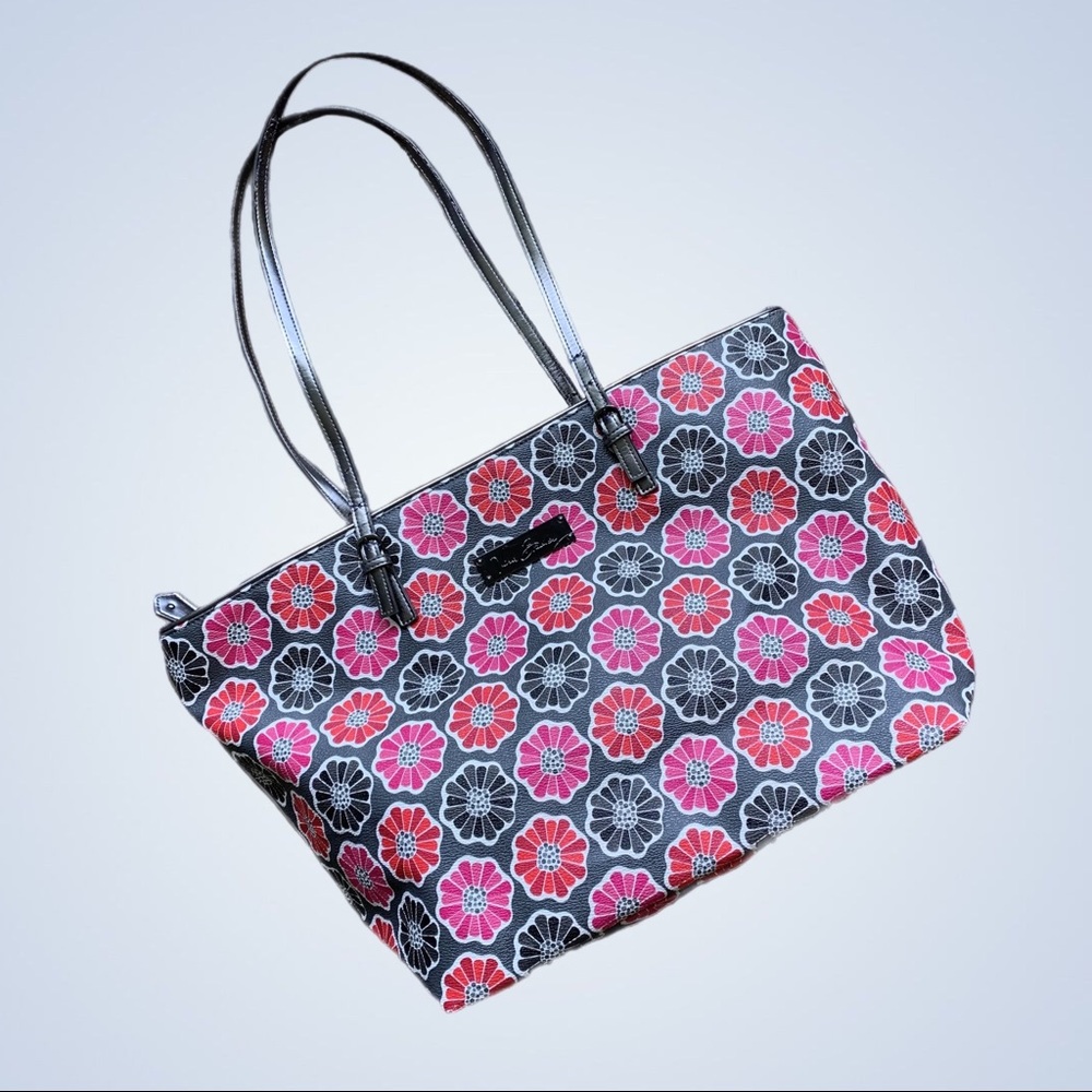 VERA BRADLEY Pebbled Leather Tote Bag Gray Pink Flowers Daisy Print Pop Art